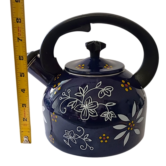Temptations Tea Pot Kettle By Tara 2.3 Quart Old World Navy Blue Floral Design - Picture 2 of 16